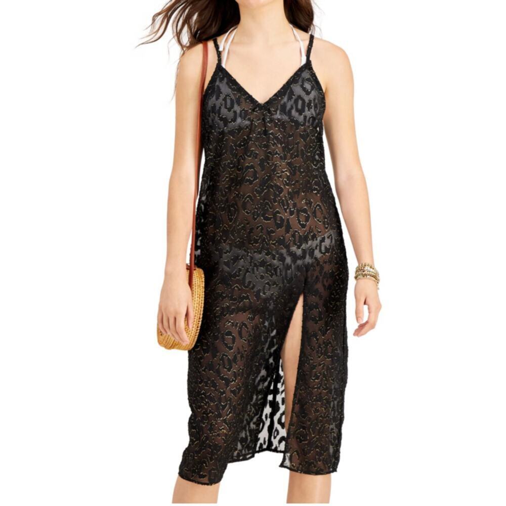 *MIKEN Juniors Black Leopard Mesh Slit Dress Cover Up NWT  Sz Small